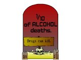 Tombstones drawn to scale showing the numbers of deaths caused by Heroin, Solvent abuse, and 1/10 of the alcohol-related deaths. Shows Alcohol as the most dangerous drug, numerically